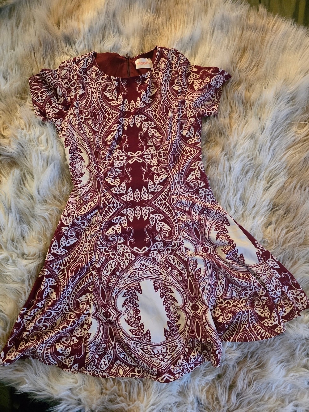ModCloth Maroon and White Paisley Fit-and-Flare Dress